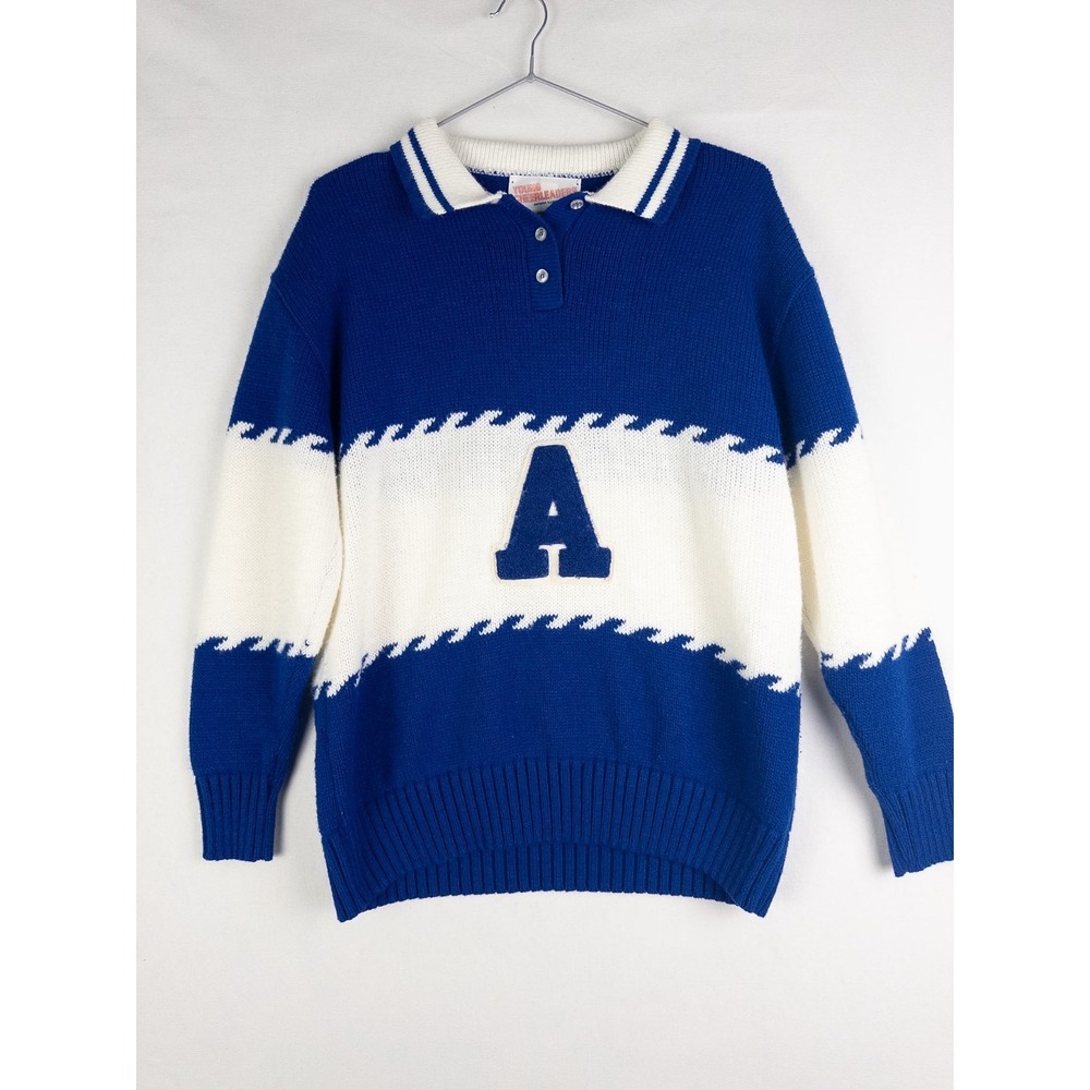 VTG Young Cheerleader Sweater Womens Blue‎ White L USA Made Cable Knit